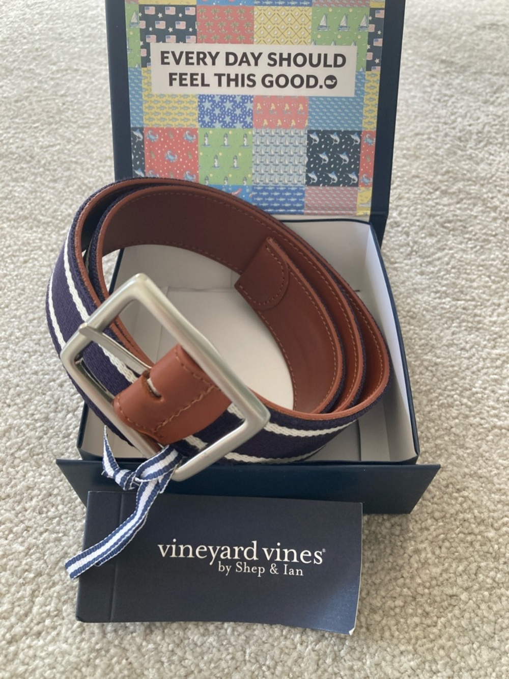 NWT Vineyard Vines Heritage Stripe Reversible Belt - Nautical Navy